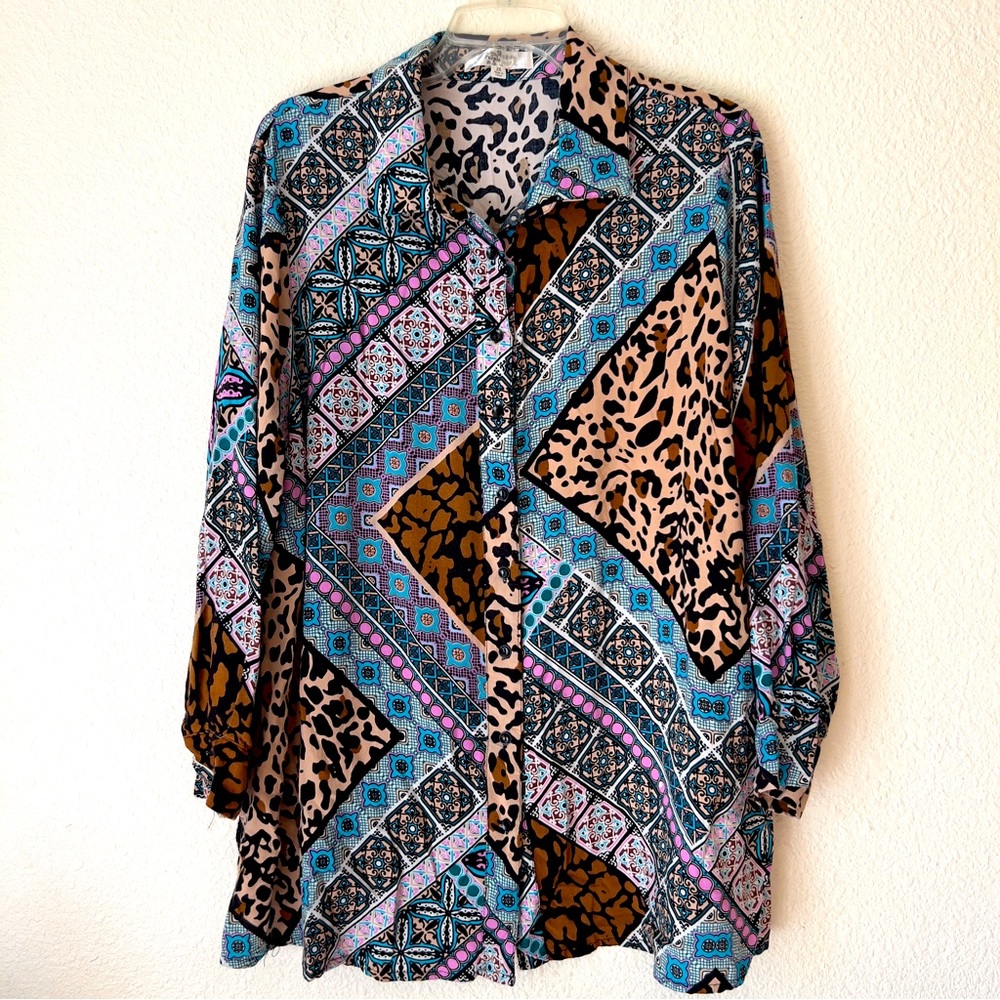 Purple Rain button down shirt animal print geometric shirt blouse Sz 2X